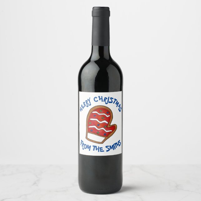Merry Christmas Personalised Mitten Holiday Cookie Wine Label (Front)