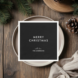 Merry Christmas Personalised Name Black Napkin