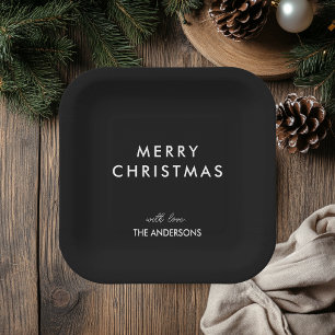 Merry Christmas Personalised Name Black Paper Plate