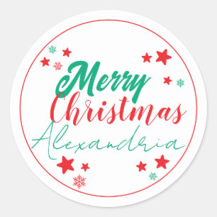 Merry Christmas Personalised Script Red and Green Classic Round Sticker