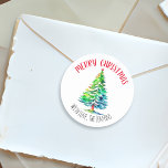 Merry Christmas Personalised Watercolor Classic Round Sticker<br><div class="desc">Pretty watercolor Christmas tree personalised holiday stickers. Wishing you a Merry Christmas/</div>
