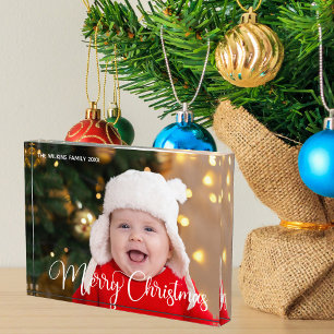 Merry Christmas Personalised White Script Baby Photo Block