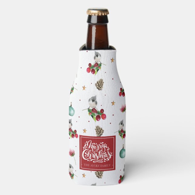 Merry Christmas Personalised Winter Bird Pattern Bottle Cooler (Bottle Front)
