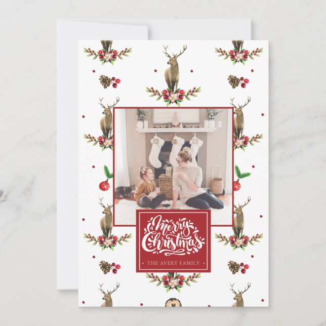 Merry Christmas Personalized Photo Deer Idyll Holiday Card (Front)