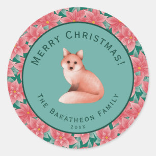 Merry Christmas Personalized Poinsettia Fox Classic Round Sticker