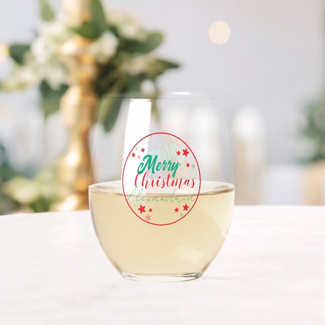 Merry Christmas Personalized Script Red and Green Stemless Wine Glass (Insitu (Wedding))