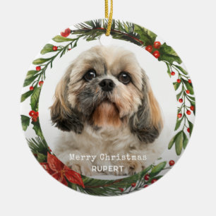 Merry Christmas Pet Photo Botanical Holly Wreath Ceramic Ornament