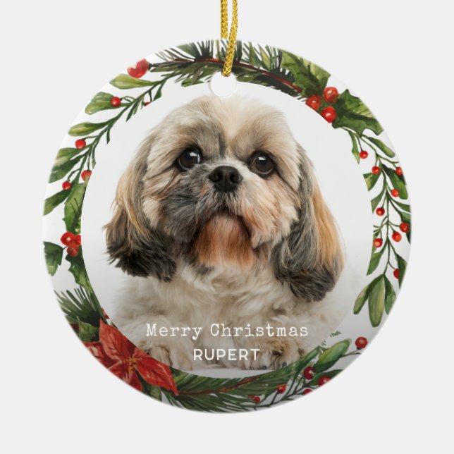 Merry Christmas Pet Photo Botanical Holly Wreath Ceramic Ornament (Front)