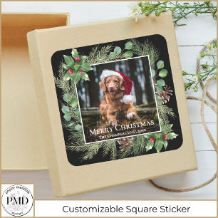 Merry Christmas Pet Photo Wreath Botanical Square Sticker