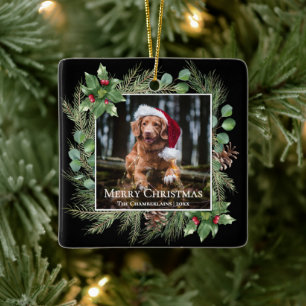 Merry Christmas Pet Photo Wreath Ceramic Ornament