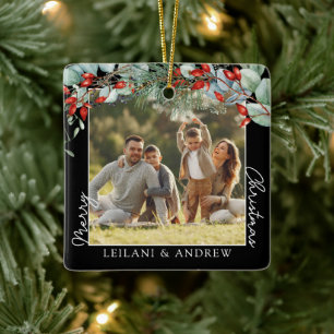 Merry Christmas Photo and Watercolor Holly Black Ceramic Ornament