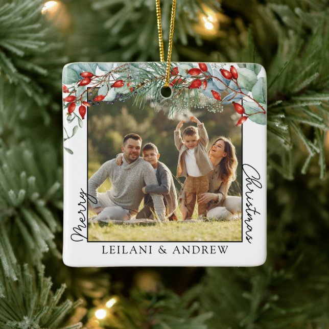 Merry Christmas Photo and Watercolor Holly Ceramic Ornament (Tree)
