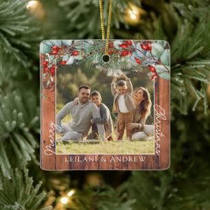 Merry Christmas Photo and Watercolor Holly Wood Ceramic Ornament