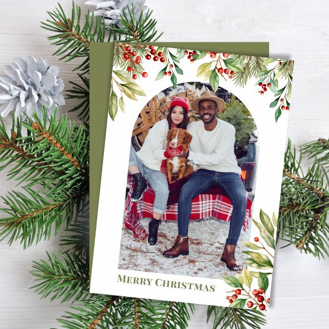 Merry Christmas Photo Arch Botanical Greenery Holiday Card (Celebrate the Holidays in style with a watercolor greenery photo card.  )