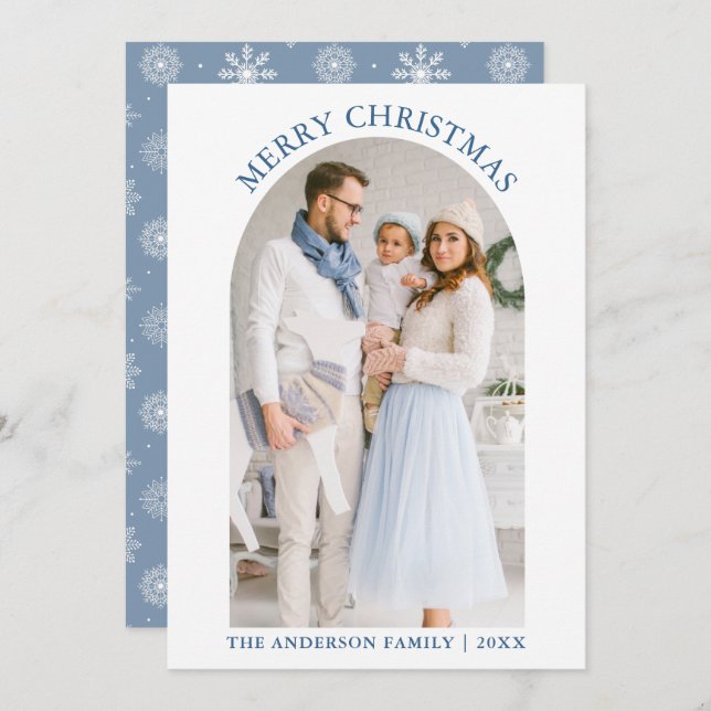 Merry Christmas Photo Arch Snowflakes Dusty Blue Holiday Card (Front/Back)