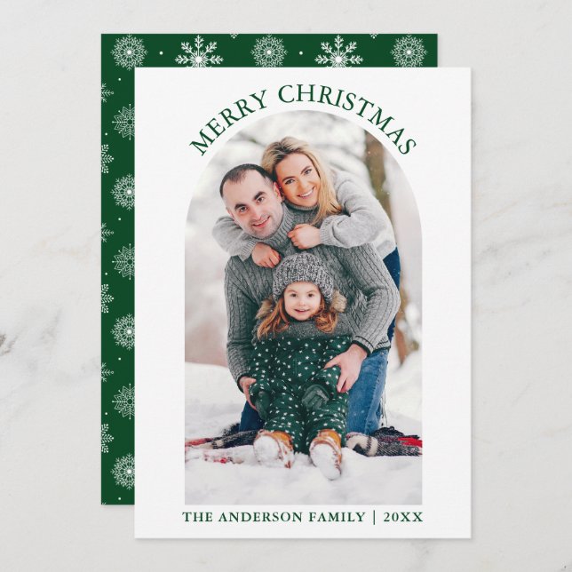Merry Christmas Photo Arch Snowflakes Green Holiday Card (Front/Back)