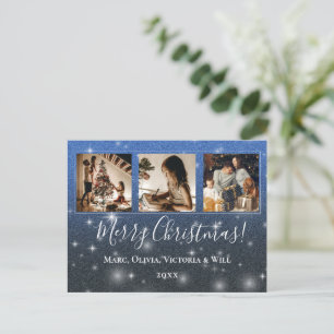 Merry Christmas Photo Blue Glitter  Holiday Postcard