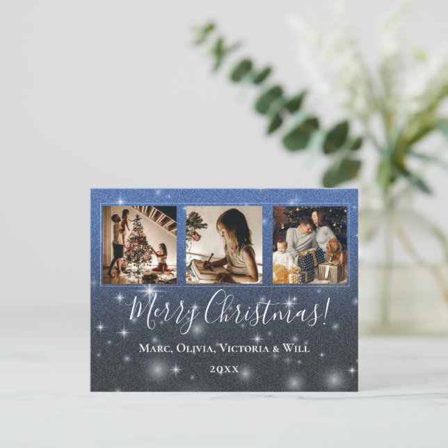Merry Christmas Photo Blue Glitter  Holiday Postcard (Standing Front)