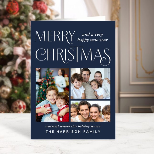 Merry Christmas Photo Blue Holiday Card (This holiday season, let your family's smiles and heartwarming memories shine on our 3 photo card)