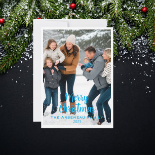 Merry Christmas Photo Blue Personalise Holiday Card