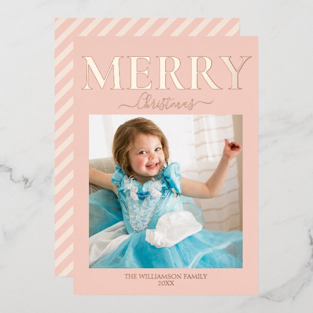 Merry Christmas Photo Blush Pink Foil Holiday Card (Front/Back)