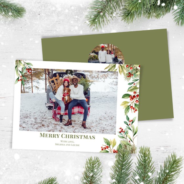 Merry Christmas Photo Botanical Holly Greenery Holiday Card (Celebrate the Holidays in style with a watercolor greenery photo card.  )