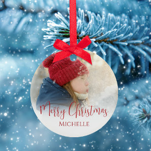 Merry Christmas Photo Calligraphy Red Green Plaid Ceramic Ornament