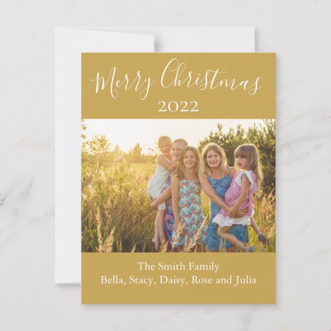 "Merry Christmas"  Photo Card Gold White Script  (Front)