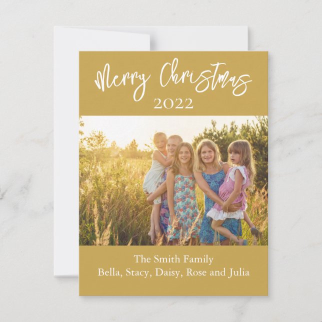 "Merry Christmas"  Photo Card Gold White Script  (Front)