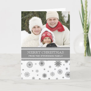 Merry Christmas Photo Card Grey White Snowflakes