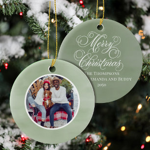 Merry Christmas Photo Classic Green Script Ceramic Ornament