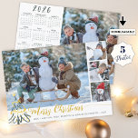 Merry Christmas Photo Collage 2024 Calendar  Holiday Card<br><div class="desc">Elegant holiday greeting card featuring a faux gold MERRY CHRISTMAS title in a modern hand lettered calligraphy script and gold Christmas tree decorations with a photo collage of 4 pictures on the front and the back features one photo and a 2024 year-at-a-glance calendar for family and friends' use throughout the...</div>
