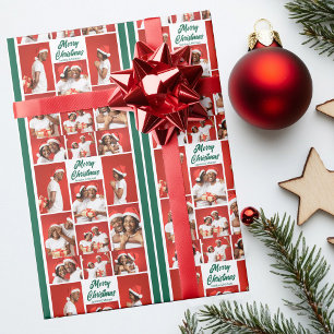 Merry Christmas Photo Collage 2025 Green Script Wrapping Paper