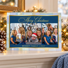 Merry Christmas Photo Collage Blue & Gold