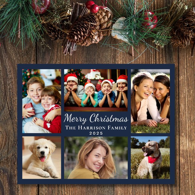 Merry Christmas Photo Collage Blue Holiday Card (Share the love and warmth of the season with your personalized photo Christmas card)
