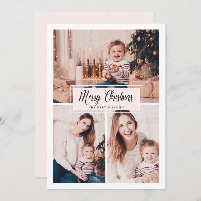 Merry Christmas Photo Collage Blush and White Holiday Card (Front/Back)