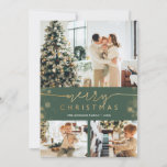 Merry Christmas Photo Collage Classic Green Gold Holiday Card<br><div class="desc">Merry Christmas cards with pictures featuring photo collage, with three (3) images, faux golden foil typography and golden bokeh border, against classic green background. The same border with blurry dots, on green background, adornes the back of this design. Easily personalise with your favourite photos, colours and text. NOTE: to adjust...</div>