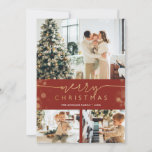 Merry Christmas Photo Collage Classic Red Gold Holiday Card<br><div class="desc">Merry Christmas cards with pictures featuring photo collage, with three (3) images, faux golden foil typography and golden bokeh border, against classic red background. The same border with blurry dots, on green background, adornes the back of this design. Easily personalise with your favourite photos, colours and text. NOTE: to adjust...</div>