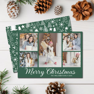 Merry Christmas Photo Collage Elegant Green Trees Holiday Card