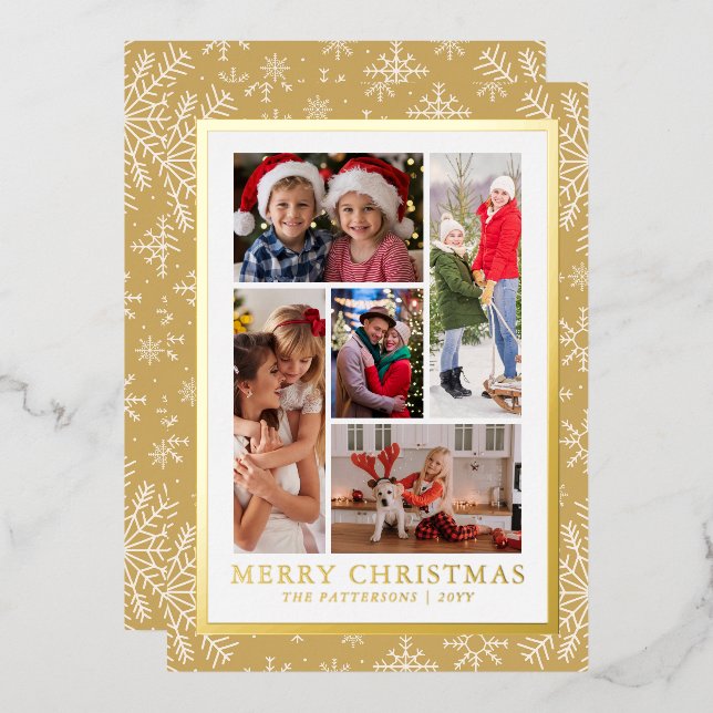 Merry Christmas Photo Collage Gold Snowflake Foil Holiday Card (Front/Back)