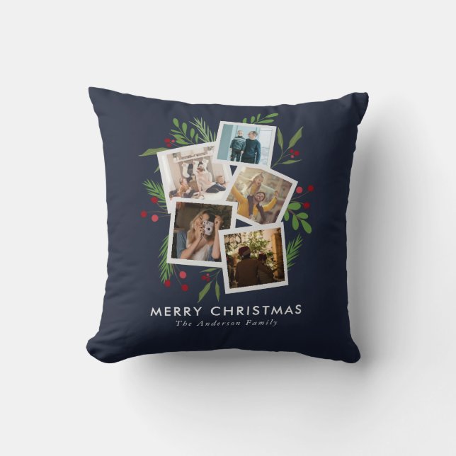 Merry Christmas Photo Collage Holiday Greenery Cushion (Front)