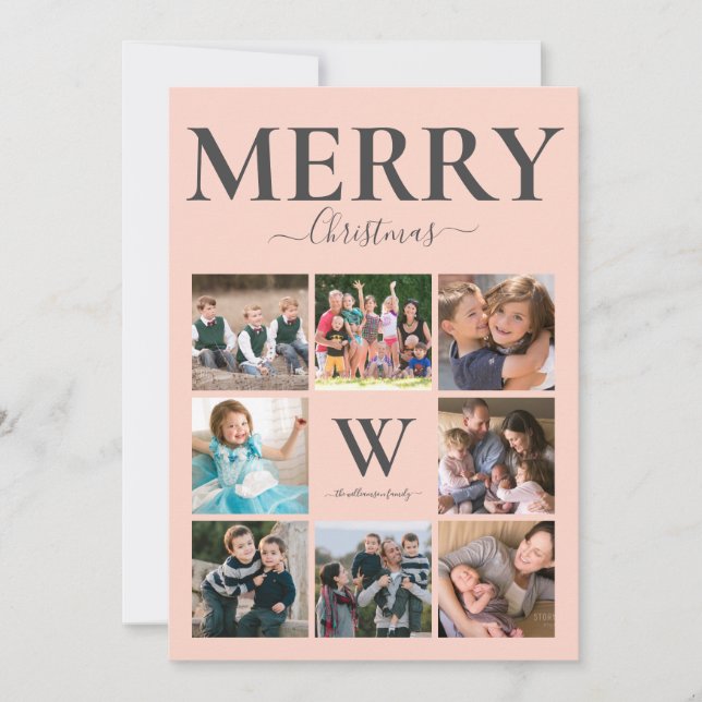 Merry Christmas Photo Collage Monogram Pink Grey Holiday Card (Front)