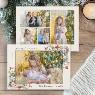 Merry Christmas Photo Collage Poinsettias Holiday Card