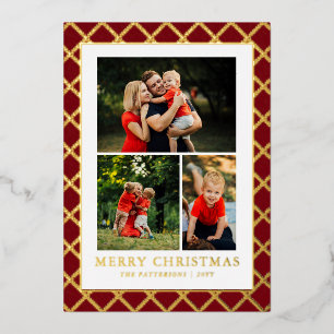 Merry Christmas Photo Collage Red Check Foil Holiday Card