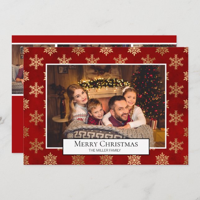 Merry Christmas Photo Collage Red Gold Snowflakes Invitation (Front/Back)