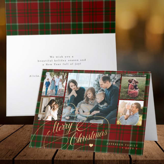 Merry Christmas photo collage red green plaid  Holiday Card (Creator Uploaded)