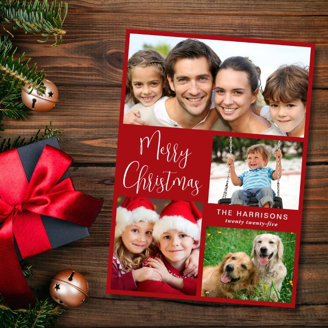 Merry Christmas Photo Collage Red Holiday Card (Creator Uploaded)