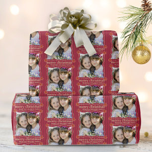 Merry Christmas Photo Collage Red Stripes Wrapping Paper