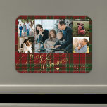 Merry Christmas photo collage rustic plaid Magnet<br><div class="desc">Elegant stylish Merry Christmas faux gold classic calligraphy script five family photos red green plaid tartan rustic magnet with your custom personalised text.</div>