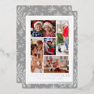 Merry Christmas Photo Collage Silver Snowflake Foil Holiday Card